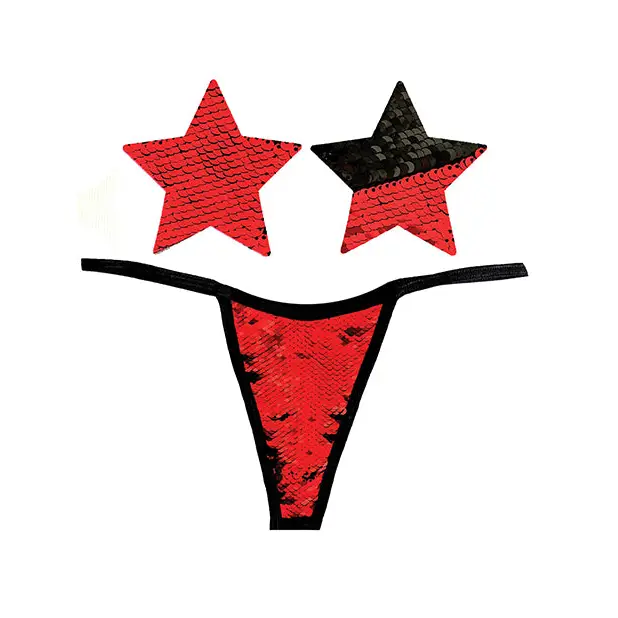 Neva Nude Naughty Knix Sookie Flip Sequin G-String & Pasties - Red/Black O/S