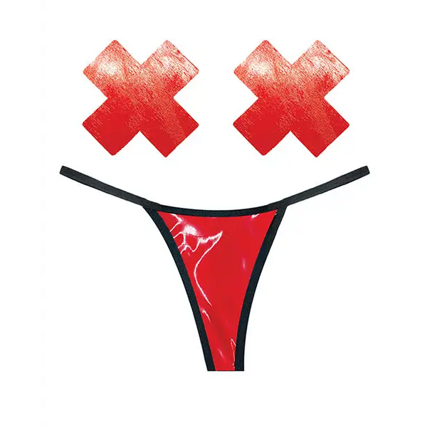 Neva Nude Naughty Knix Vixen Wet Vinyl G-String & Pasties - Red O/S - Lingerie - Packaged