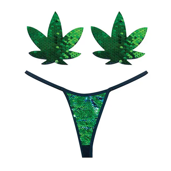Neva Nude Naughty Knix Weed Leaf Sequin G-String & Pasties - Green O/S - Lingerie - Packaged