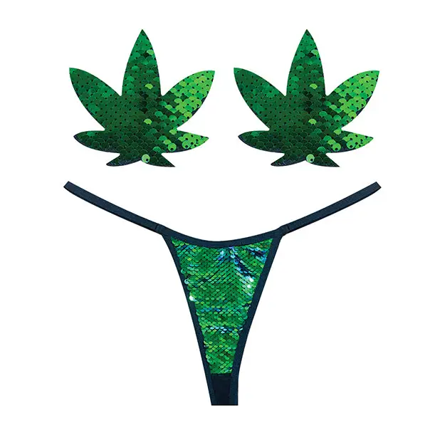 Neva Nude Naughty Knix Weed Leaf Sequin G-String & Pasties - Green O/S - Lingerie - Packaged