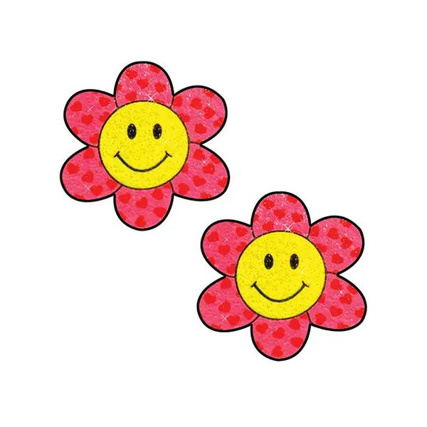 Neva Nude Smiley Flower Power Glitter Pasties - Pink/Yellow O/S