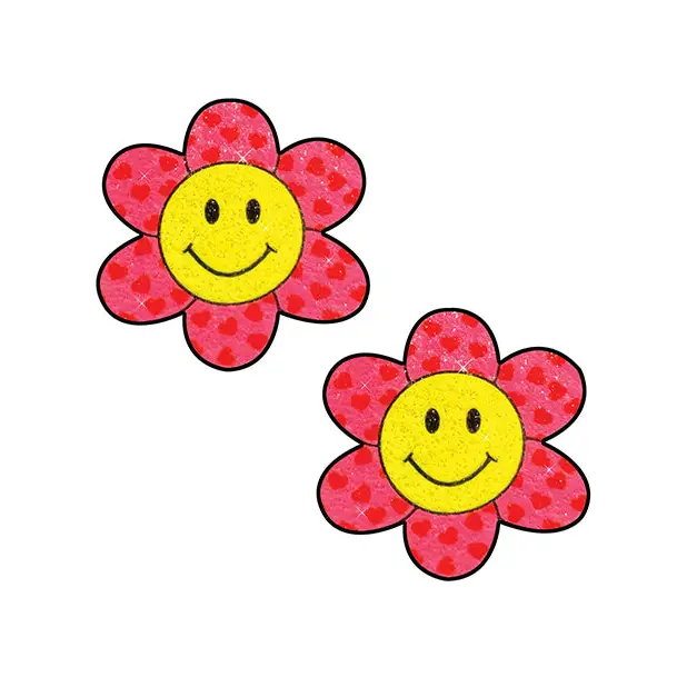 Neva Nude Smiley Flower Power Glitter Pasties - Pink/Yellow O/S