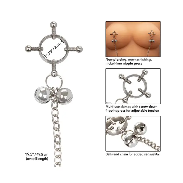 Nipple Grips 4-Point Nipple Press with Bells - Silver - Bondage Blindfolds & Restraints