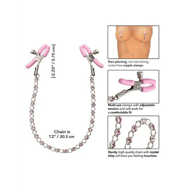 Nipple Play Crystal Chain Nipple Clamps - Pink - Bondage Blindfolds & Restraints