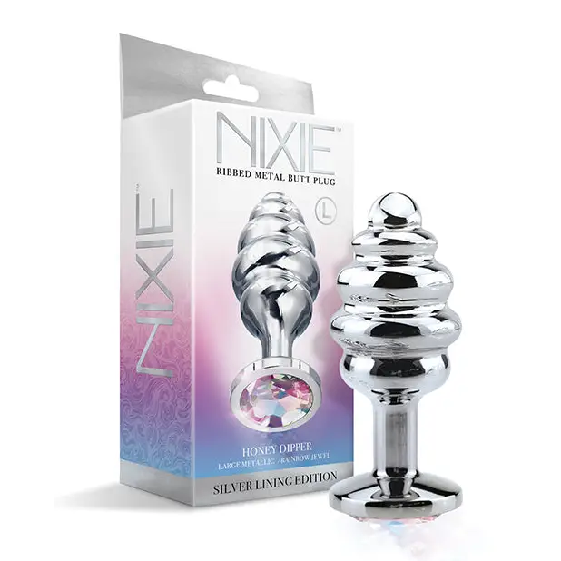 Nixie Honey Dipper Ribbed Metal Rainbow Jeweled Butt Plug - Large - Anal Products
