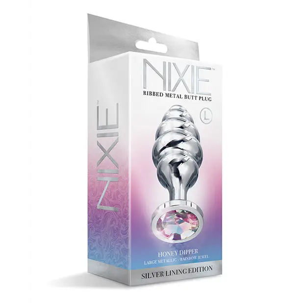 Nixie Honey Dipper Ribbed Metal Rainbow Jeweled Butt Plug - Large - Anal Products