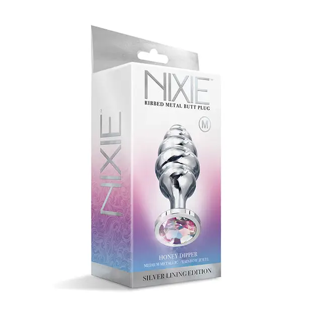 Nixie Honey Dipper Ribbed Metal Rainbow Jeweled Butt Plug - Medium - Anal Products