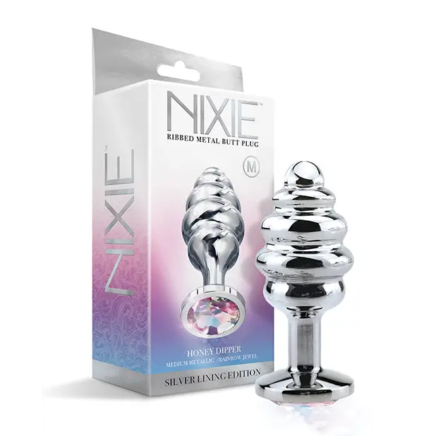 Nixie Honey Dipper Ribbed Metal Rainbow Jeweled Butt Plug - Medium - Anal Products