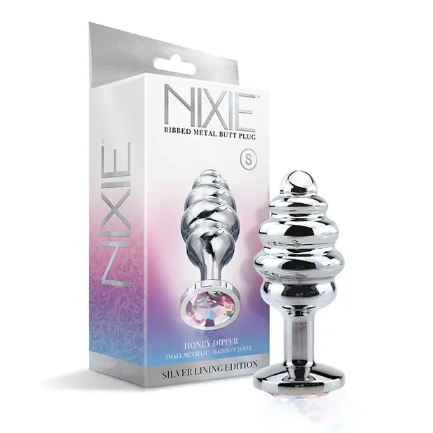 Nixie Honey Dipper Ribbed Metal Rainbow Jeweled Butt Plug - Small - Anal Products