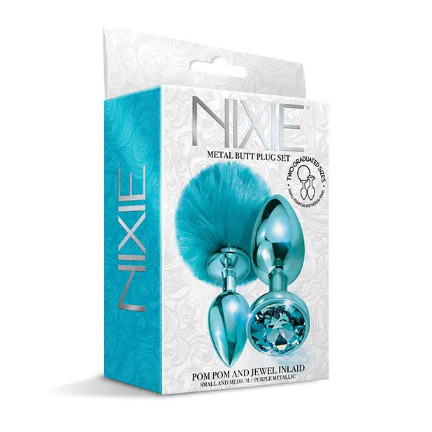 Nixie Metal Butt Plug Set w/Jewel Inlaid & Pom Pom - Blue Metallic - Anal Products