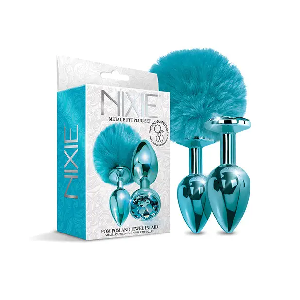 Nixie Metal Butt Plug Set w/Jewel Inlaid & Pom Pom - Blue Metallic - Anal Products
