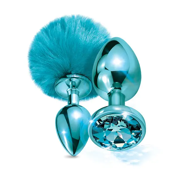 Nixie Metal Butt Plug Set w/Jewel Inlaid & Pom Pom - Blue Metallic - Anal Products