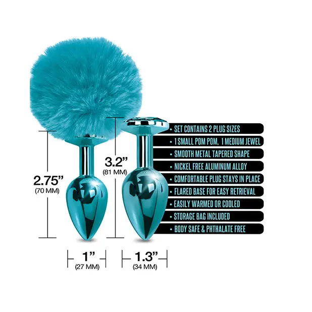 Nixie Metal Butt Plug Set w/Jewel Inlaid & Pom Pom - Blue Metallic - Anal Products