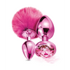 Nixie Metal Butt Plug Set w/Jewel Inlaid & Pom Pom - Pink Metallic - Anal Products