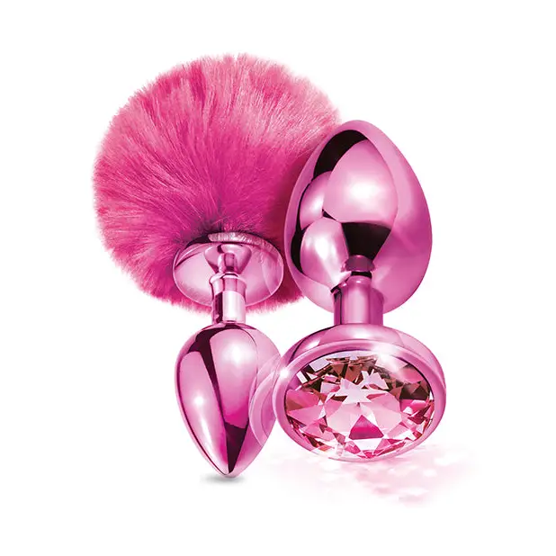 Nixie Metal Butt Plug Set w/Jewel Inlaid & Pom Pom - Pink Metallic - Anal Products