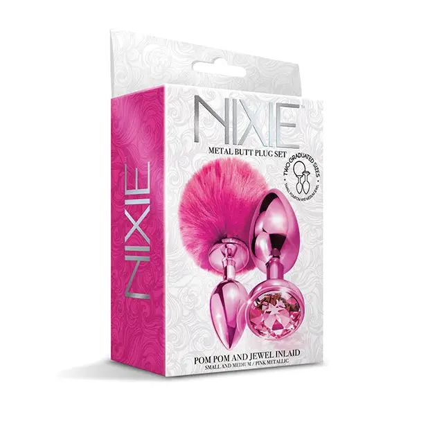 Nixie Metal Butt Plug Set w/Jewel Inlaid & Pom Pom - Pink Metallic - Anal Products