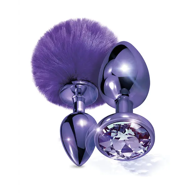 Nixie Metal Butt Plug Set w/Jewel Inlaid & Pom Pom - Purple Metallic - Anal Products
