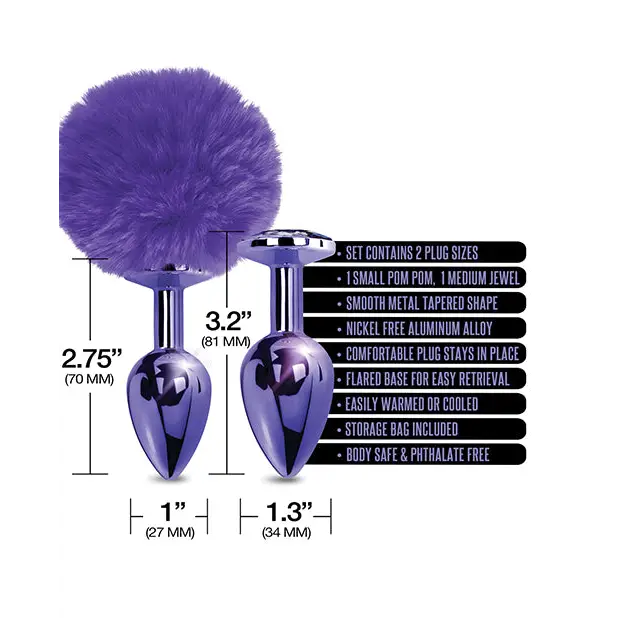 Nixie Metal Butt Plug Set w/Jewel Inlaid & Pom Pom - Purple Metallic - Anal Products