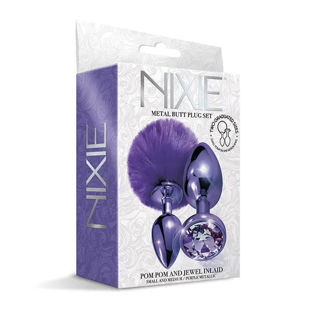 Nixie Metal Butt Plug Set w/Jewel Inlaid & Pom Pom - Purple Metallic - Anal Products