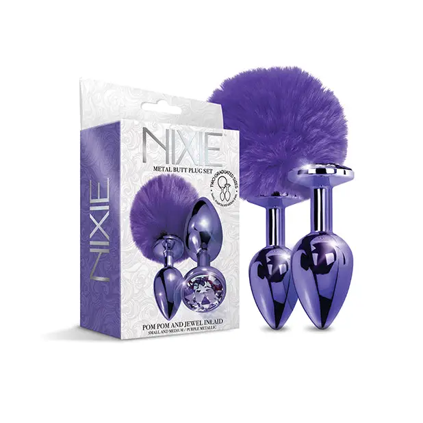 Nixie Metal Butt Plug Set w/Jewel Inlaid & Pom Pom - Purple Metallic - Anal Products