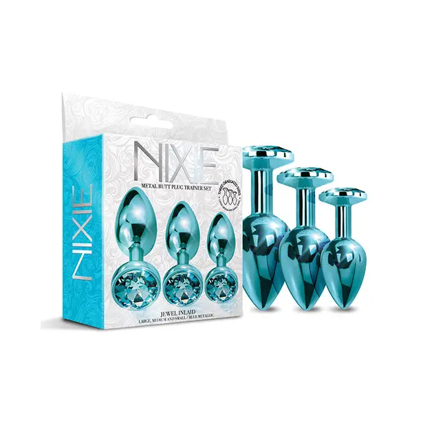 Nixie Metal Butt Plug Trainer Set w/Inlaid Jewel - Blue Metallic - Anal Products