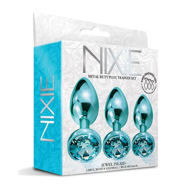 Nixie Metal Butt Plug Trainer Set w/Inlaid Jewel - Blue Metallic - Anal Products