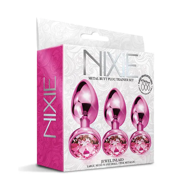 Nixie Metal Butt Plug Trainer Set w/Inlaid Jewel - Pink Metallic - Anal Products