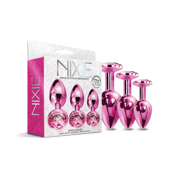 Nixie Metal Butt Plug Trainer Set w/Inlaid Jewel - Pink Metallic - Anal Products