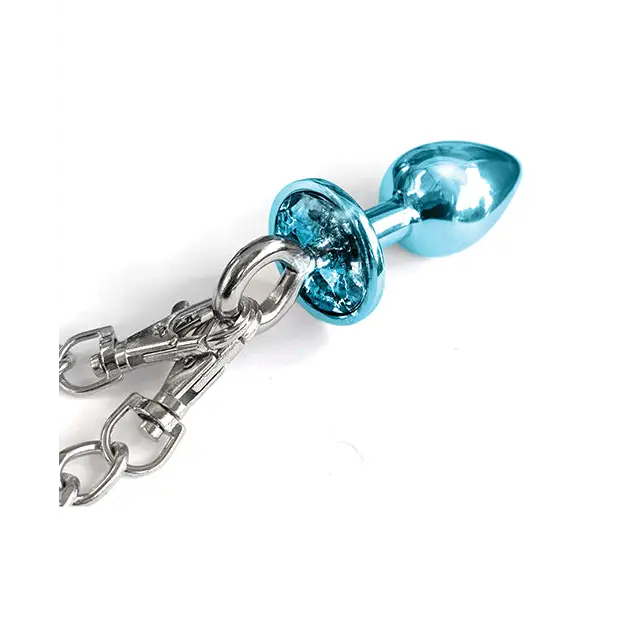 Nixie Metal Butt Plug w/Inlaid Jewel & Fur Cuff Set - Blue Metallic - Bondage Blindfolds & Restraints