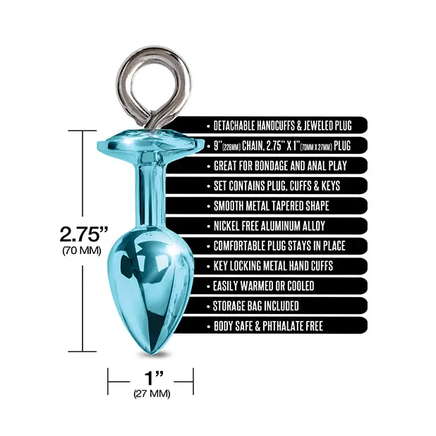 Nixie Metal Butt Plug w/Inlaid Jewel & Fur Cuff Set - Blue Metallic - Bondage Blindfolds & Restraints