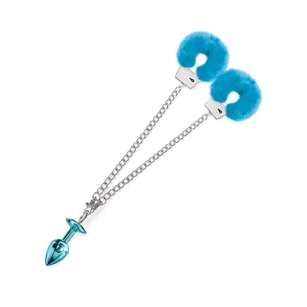 Nixie Metal Butt Plug w/Inlaid Jewel & Fur Cuff Set - Blue Metallic - Bondage Blindfolds & Restraints