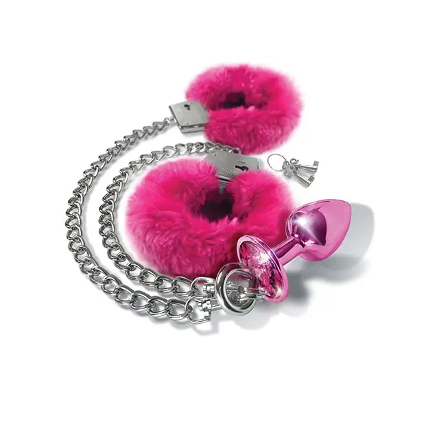 Nixie Metal Butt Plug w/Inlaid Jewel & Fur Cuff Set - Pink Metallic - Bondage Blindfolds & Restraints