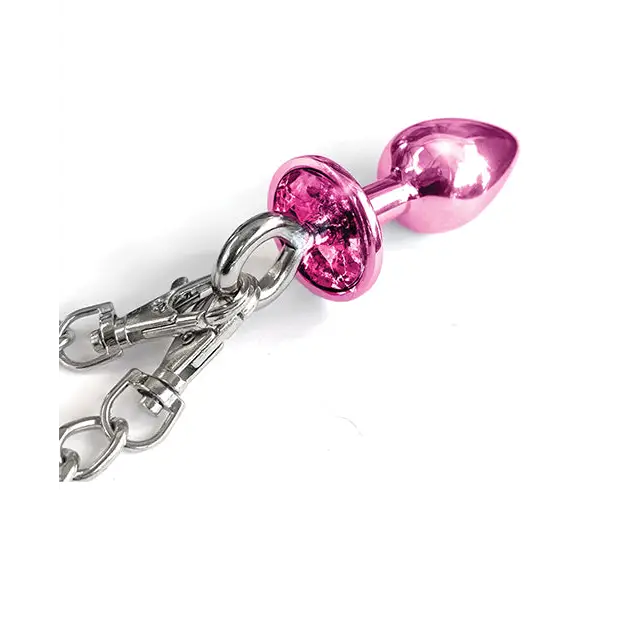 Nixie Metal Butt Plug w/Inlaid Jewel & Fur Cuff Set - Pink Metallic - Bondage Blindfolds & Restraints