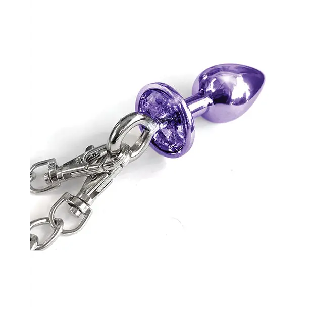 Nixie Metal Butt Plug w/Inlaid Jewel & Fur Cuff Set - Purple Metallic - Bondage Blindfolds & Restraints