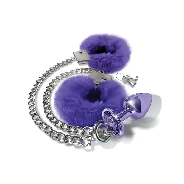 Nixie Metal Butt Plug w/Inlaid Jewel & Fur Cuff Set - Purple Metallic - Bondage Blindfolds & Restraints