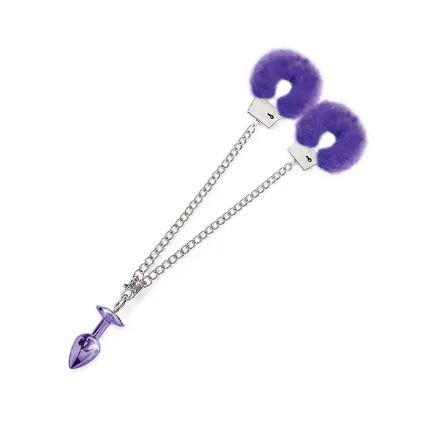 Nixie Metal Butt Plug w/Inlaid Jewel & Fur Cuff Set - Purple Metallic - Bondage Blindfolds & Restraints