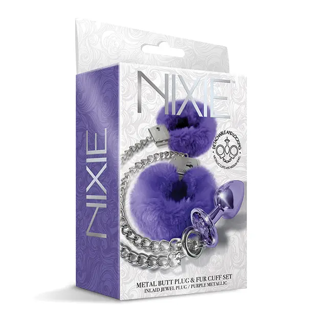 Nixie Metal Butt Plug w/Inlaid Jewel & Fur Cuff Set - Purple Metallic - Bondage Blindfolds & Restraints