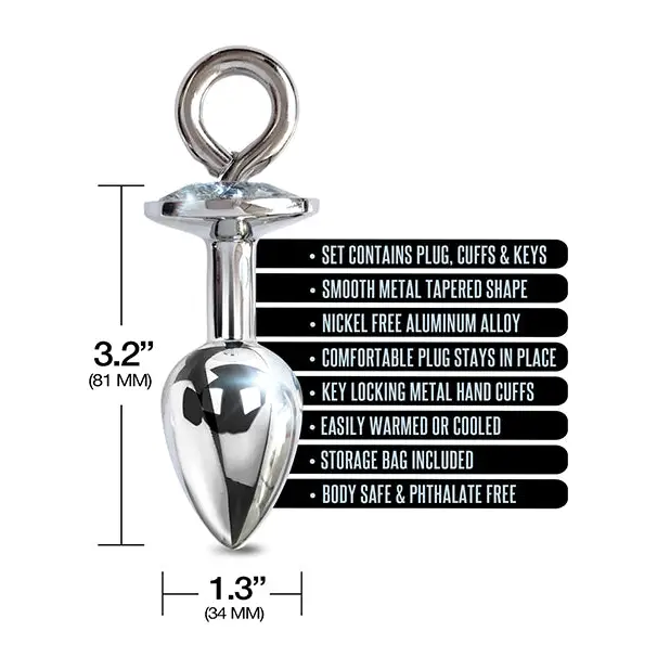 Nixie Metal Butt Plug w/Inlaid Jewel & Fur Cuff Set - Silver Metallic - Bondage Blindfolds & Restraints