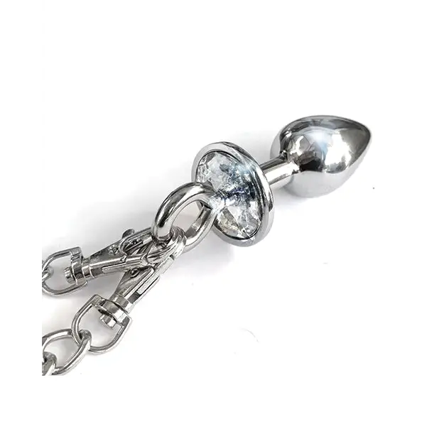 Nixie Metal Butt Plug w/Inlaid Jewel & Fur Cuff Set - Silver Metallic - Bondage Blindfolds & Restraints