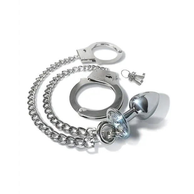 Nixie Metal Butt Plug w/Inlaid Jewel & Fur Cuff Set - Silver Metallic - Bondage Blindfolds & Restraints