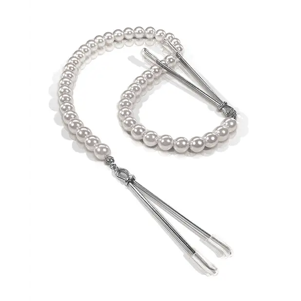 Nixie Pearl Drop Tweezer Nipple Clamps - Silver - Bondage Blindfolds & Restraints