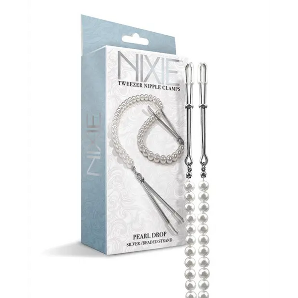 Nixie Pearl Drop Tweezer Nipple Clamps - Silver - Bondage Blindfolds & Restraints
