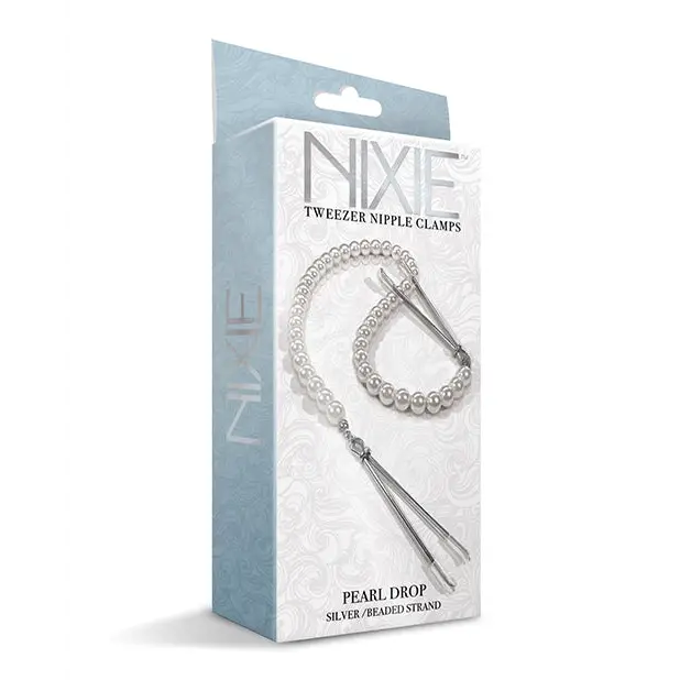 Nixie Pearl Drop Tweezer Nipple Clamps - Silver - Bondage Blindfolds & Restraints