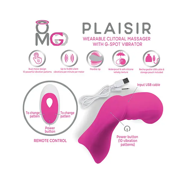 OMG Plaisir Wearable Clitoral Massager w/G-Spot Vibrator - Pink - Stimulators