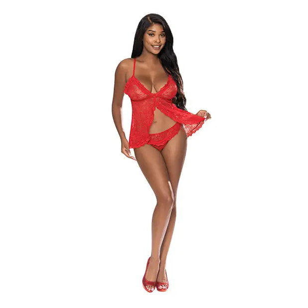 Ooh La Lace Babydoll & Split Crotch Panty Red L/XL - Lingerie - Packaged