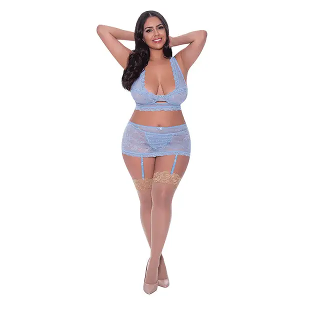 Ooh La Lace Bralette Garter Skirt & G-String Periwinkle QN - Lingerie - Plus/Queen - Packaged