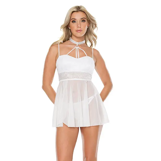 Opaque Floral Lace & Sheer Mesh Attached Choker Babydoll White MD - Lingerie - Hanging