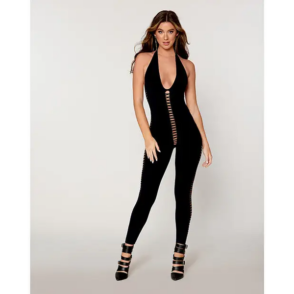 Opaque Knitted Halter Bodystocking w/Plunging Neckline - Black O/S - Lingerie - Packaged