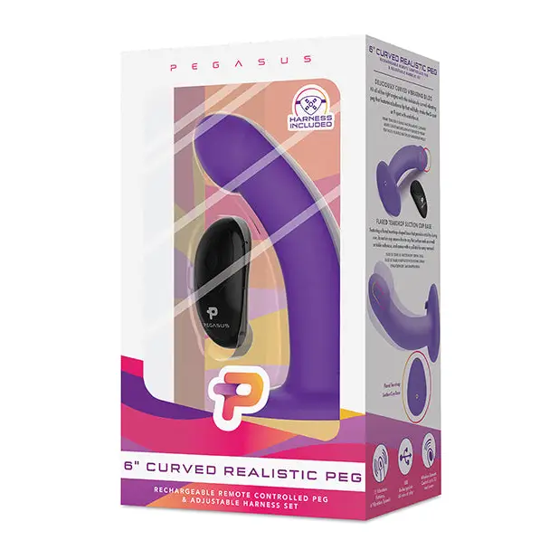 Pegasus 6’’ Rechargeable Curved Peg w/Adjustable Harness & Remote Set - Purple - Strap Ons