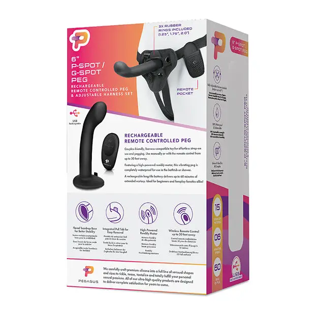 Pegasus 6’’ Rechargeable P-Spot G-Spot Peg w/Adjustable Harness & Remote Set - Black - Strap Ons